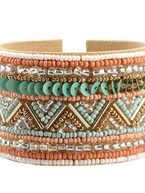 Peach Glass Seed Beaded Chevron Cuff Bracelet in Goldtone - NEW